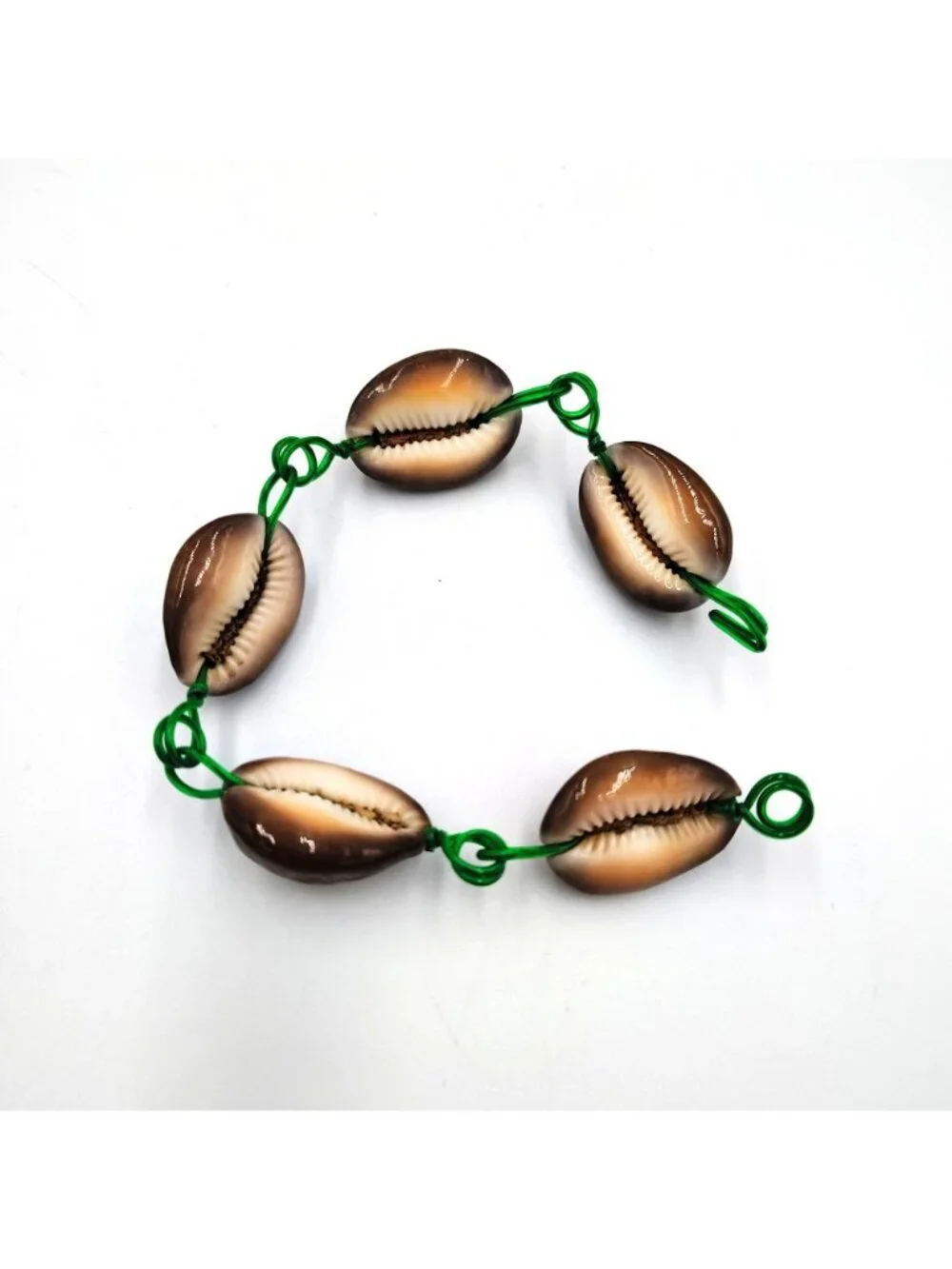Vintage Handmade Cowrie Shell Bracelet Green Wire Boho Beach Coastal Jewelry